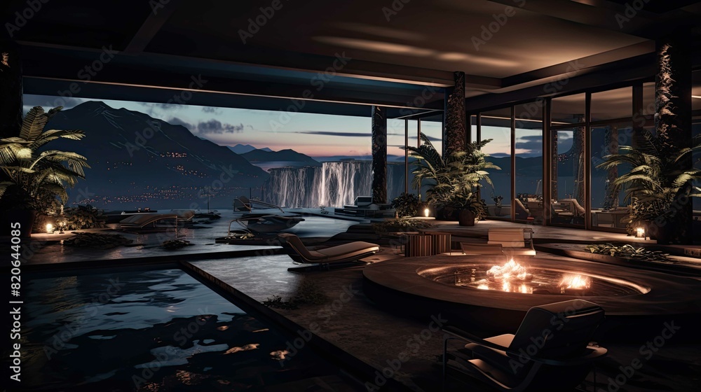 Fototapeta premium Pool at sunset. AI generated art illustration.