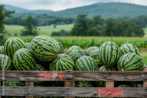 Fresh watermelons in wooden crates against rural landscape backdrop at farm stand warehouse