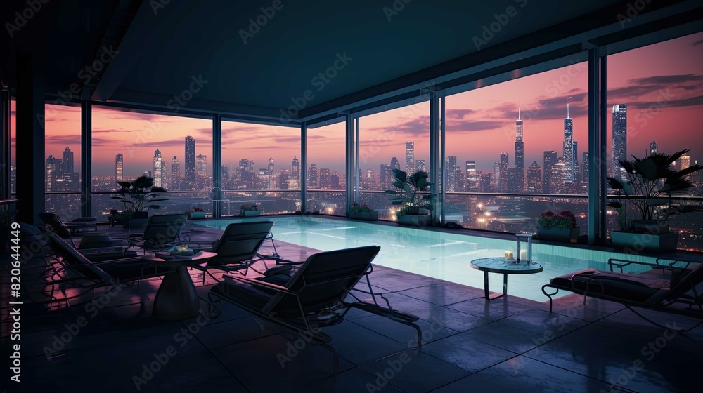 Fototapeta premium Pool at sunset. AI generated art illustration.
