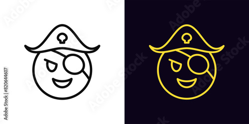 Outline pirate emoji icon, with editable stroke. Corsair emoticon with hat and patch on eye. Cute pirate face with laugh, funny corsair emoji and captain with smile, adventure and piracy. Vector icon