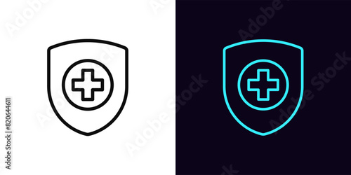 Outline healthcare shield icon, with editable stroke. Protection shield with medical cross. Secure medicine insurance, safe medical service and health aid, checked drugs and medicaments. Vector icon