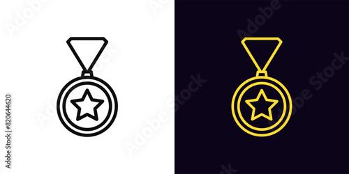 Outline medal icon, with editable stroke. Medal sign with star. First place, golden medal, sport award, top reward, winner and champion trophy, game prize and achievement, contest victory. Vector icon