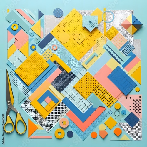 AI Generate of Background texture of Fashion Papers in Memphis Geometry Style. Yellow, blue, light blue, red and pastel pink colors. Top view, flat lay. photo