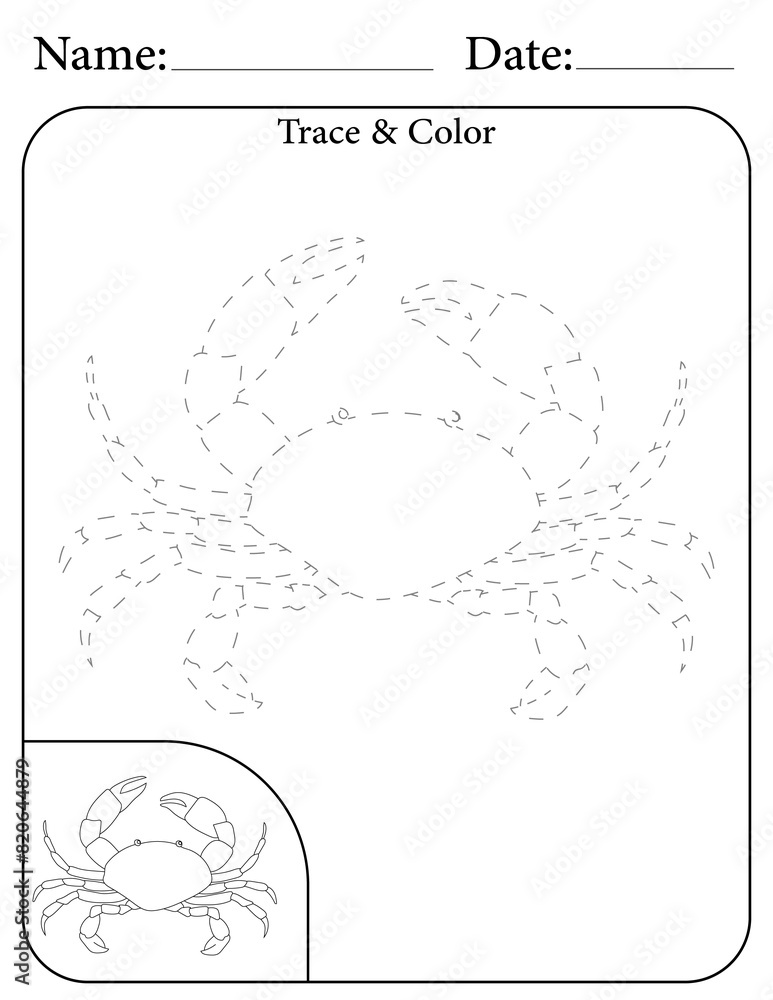 Crab Printable Activity Page for Kids. Educational Resources for School for Kids. Kids Activity Worksheet. Trace and Color the Shape