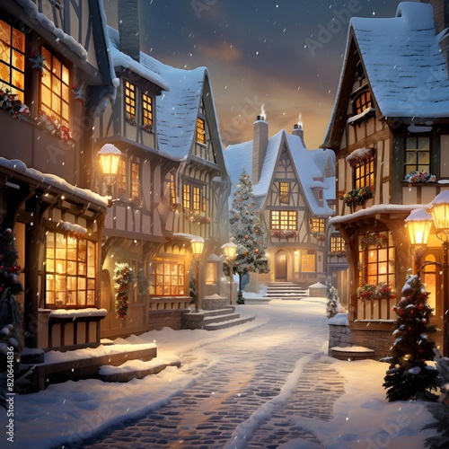 Beautiful winter night in european town. Christmas and New Year concept.