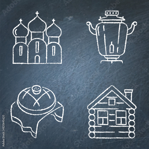 Russia traditional symbols on chalkboard