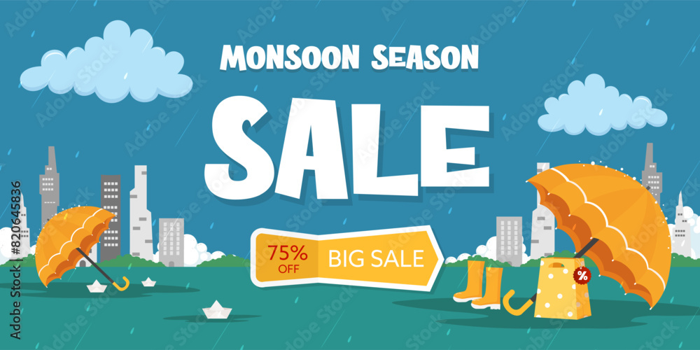 Fototapeta premium Creative Sale Banner Or Sale Poster Of Monsoon Season. Raining day on the city. Rainy season monsoon background with umbrellas, rain, shopping bag. Vector illustration.