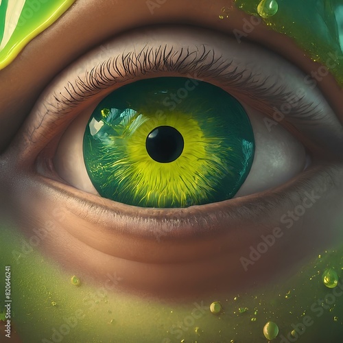 Close-up of a vibrant green and yellow eye with detailed textures and reflections. photo