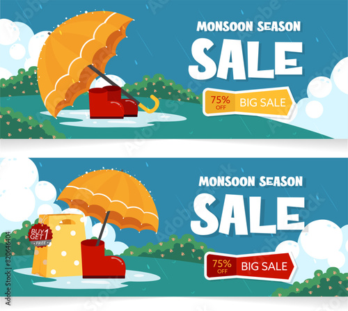 Creative Sale Banner Or Sale Poster Of Monsoon Season. Raining day on the city. Rainy season monsoon background with umbrellas, rain, shopping bag. Vector illustration.