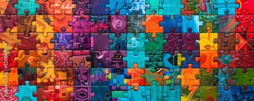 Vibrant Mosaic of Multicolored Puzzle Pieces with Diverse Textures and Patterns
