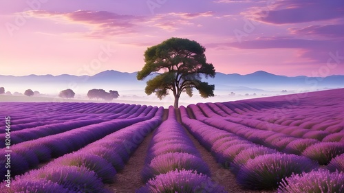 Purple: Imagine a quiet lavender field at dusk, with the sky painted in shades of purple and pink. Describe the soft, fragrant blossoms swaying gently in the breeze, the rich purple color spreading as photo