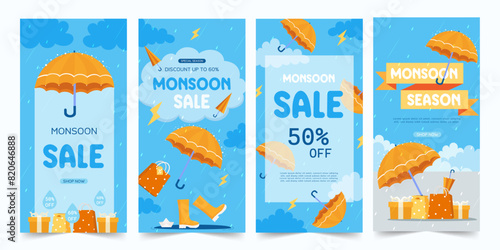 Monsoon sale, Set of 4 vector brouchure, Discount, Offers. monsoon season background. rainy day concept. rainy season. rainy background. rain. Umbrella. template, Vector illustration.