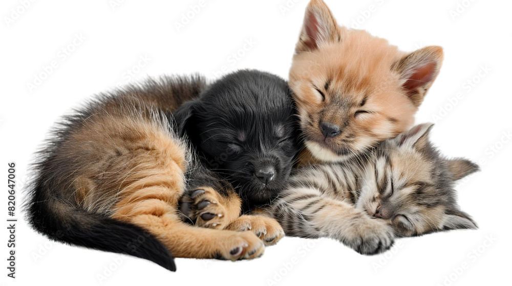 Cute puppy and kitten cuddling together on a transparent background Cute puppy and kitten cuddling together on a transparent background