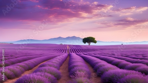 Purple: Imagine a quiet lavender field at dusk, with the sky painted in shades of purple and pink. Describe the soft, fragrant blossoms swaying gently in the breeze, the rich purple color spreading as photo