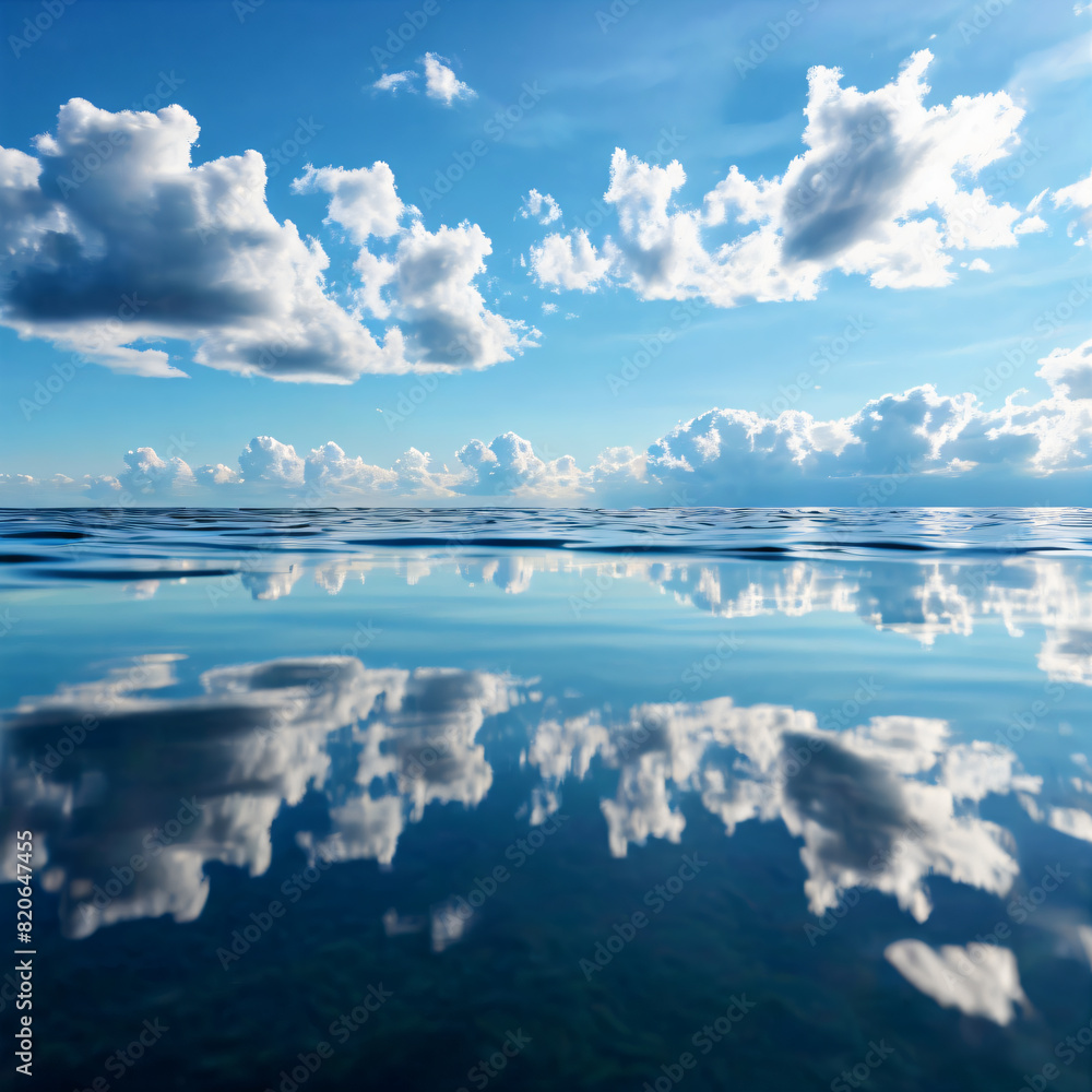 Fototapeta premium Blue sky and white clouds reflecting on the surface of a calm sea.