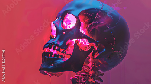 Skull profile illuminated neon colors, art poster photo