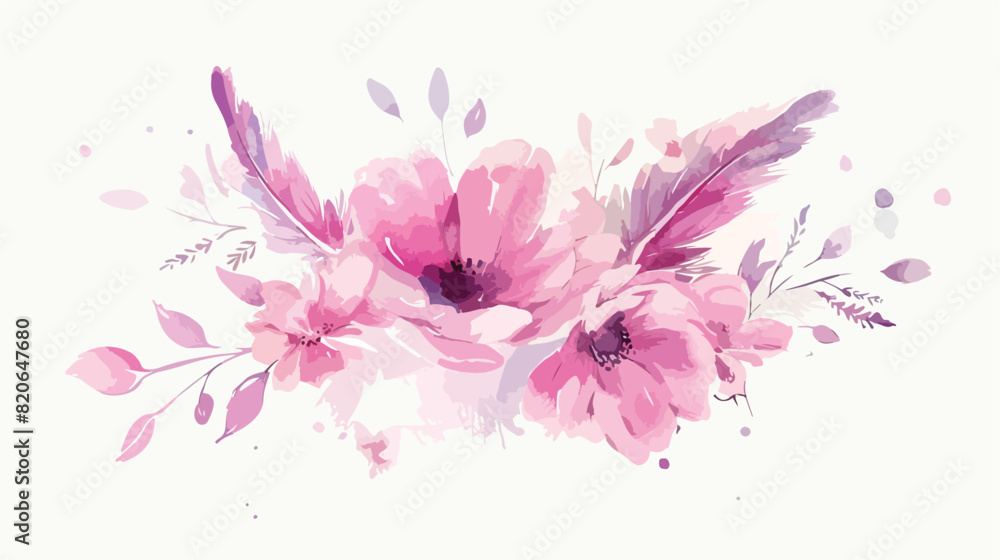 Spring watercolor flower and feathers for wedding bir