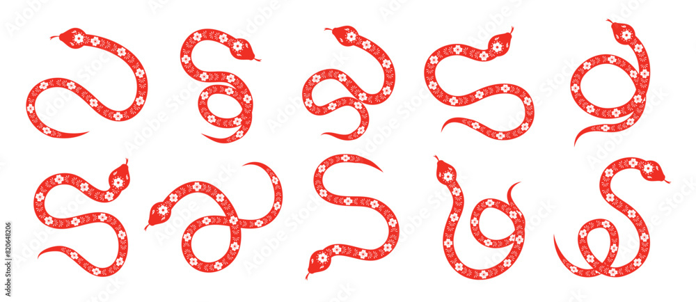 Chinese New Year snake design vector set. Element zodiac sign year of the snake with cherry blossom flower pattern on snake red color. Illustration design of background, card, sticker, calendar. Chinese New Year snake design vector set. Element zodiac sign year of the snake with cherry blossom flower pattern on snake red color. Illustration design of background, card, sticker, calendar.