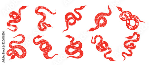 Chinese New Year snake design vector set. Element zodiac sign year of the snake with cherry blossom flower pattern on snake red color. Illustration design of background, card, sticker, calendar.