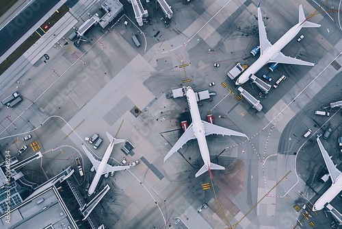 Aerial view of Tom Bradley International Terminal concourse at LAX airport. Busy passengers concourse with aircraft from airlines from around the world. photo