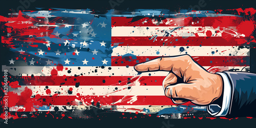 The index finger is raised against the background of an American flag. Vector illustration in the style of grunge effect, Generative AI photo