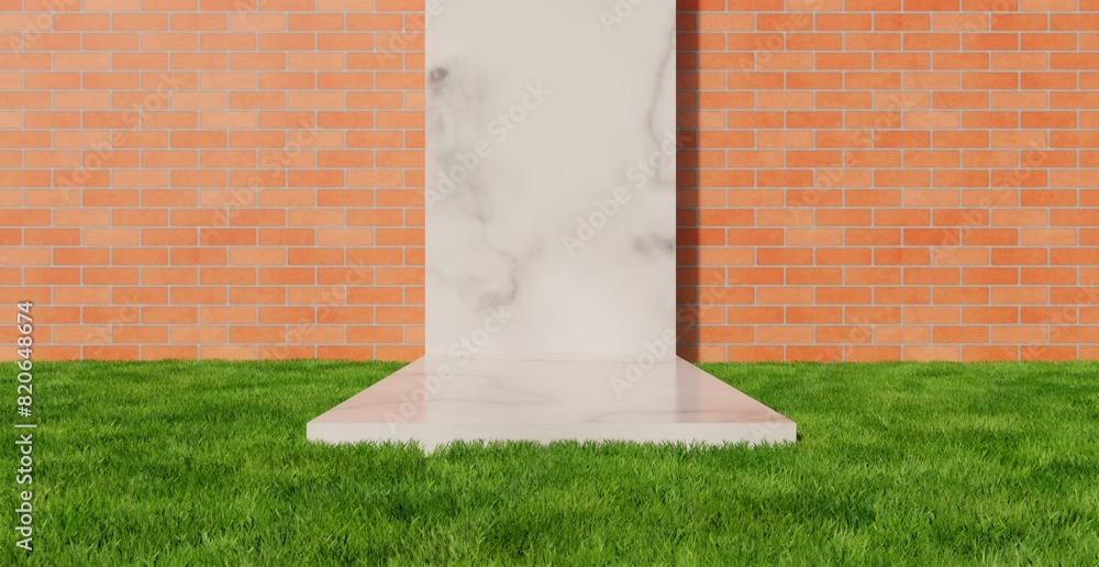 Fototapeta premium Marble podium with brick background on grass