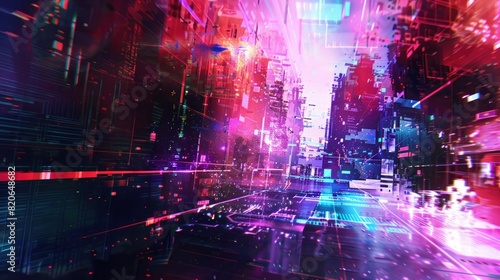 The image shows a futuristic city with bright lights and tall buildings. The colors are vibrant and the atmosphere is exciting.