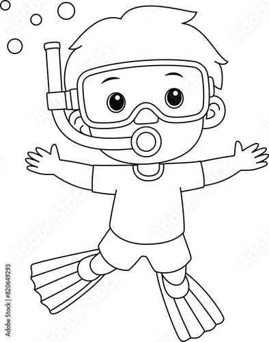 Little boy swimming, diving in the sea coloring page for kids, summer colouring page