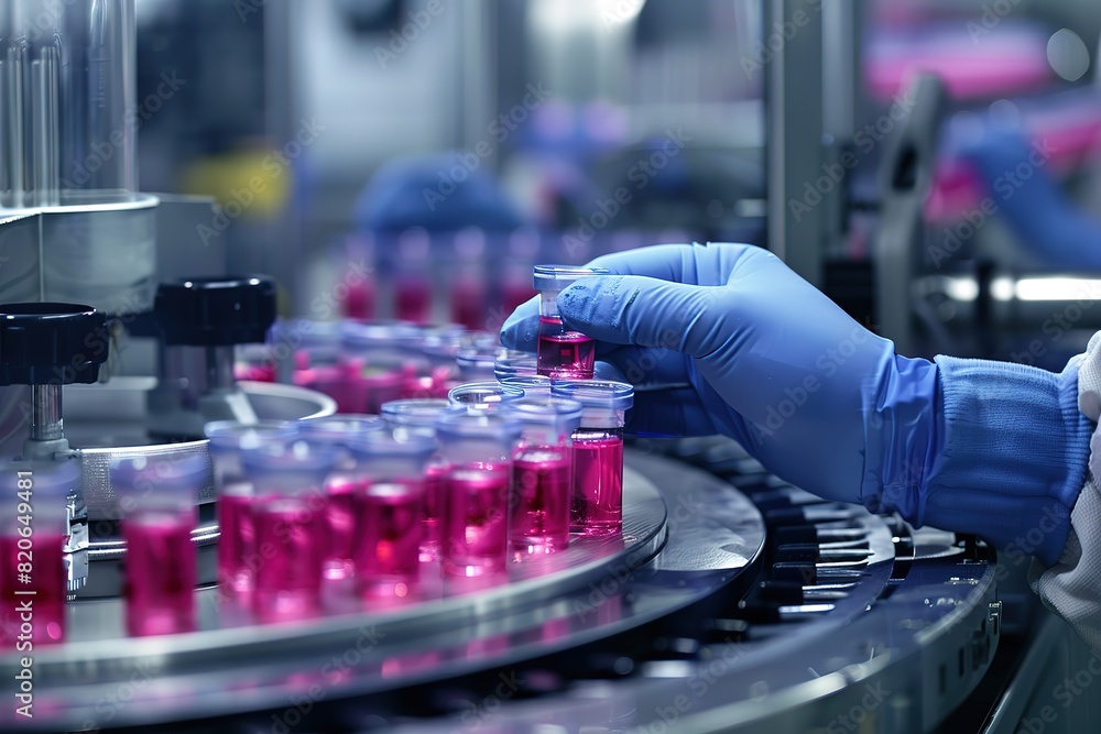 production and filling of drugs in a pharmaceutical conveyor belt with bottles and a worker production and filling of drugs in a pharmaceutical conveyor belt with bottles and a worker