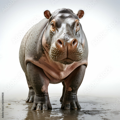 Hippopotamus standing in a puddle on a white background
