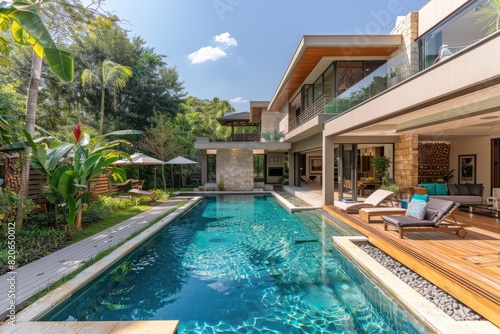 Swimming pool and decking in garden of luxury home.