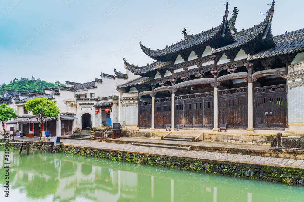 Naklejka premium Tourism Scenery of Ancient Towns, Ancient Buildings, and Rivers in the Mountainous Areas of Anhui Province, China