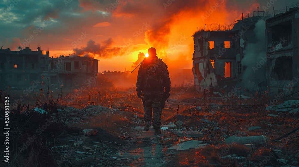 Fototapeta premium A SUITTED UP MAN IN A POST APOCALYPTIC WORLD, CINEMATIC LIGHTING, 4K,CINEMATIC LOOK, HIGHLY DETAILED