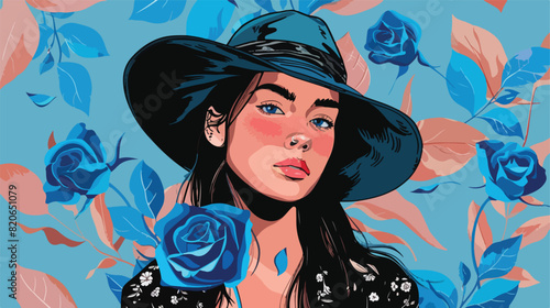 Stylish young woman with blue rose on color background
