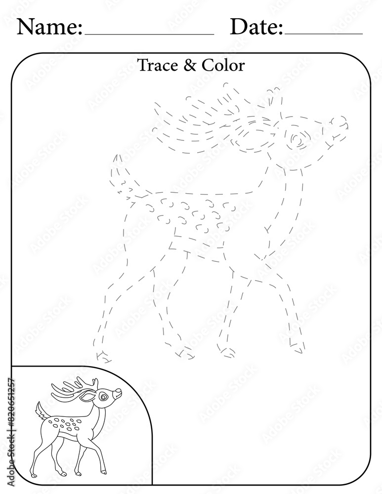 Fototapeta premium Deer Printable Activity Page for Kids. Educational Resources for School for Kids. Kids Activity Worksheet. Trace and Color the Shape
