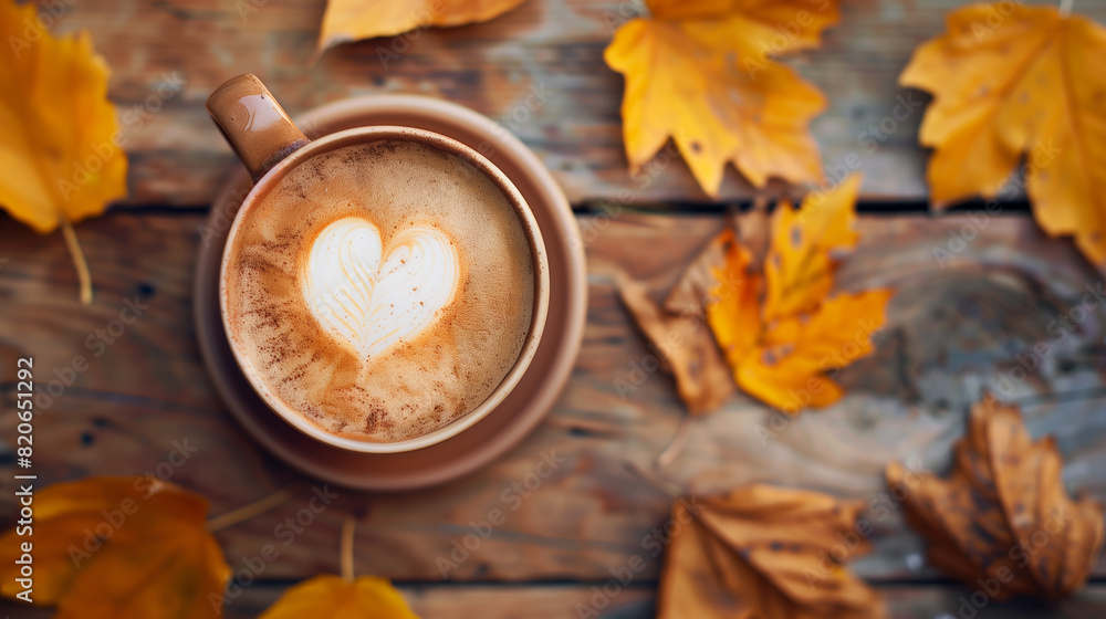 Steaming coffee cup with a heart shaped foam design surrounded by fallen autumn leaves on a rustic wooden table, Concept of fall season, cozy, and autumnal ambiance. Steaming coffee cup with a heart shaped foam design surrounded by fallen autumn leaves on a rustic wooden table, Concept of fall season, cozy, and autumnal ambiance.