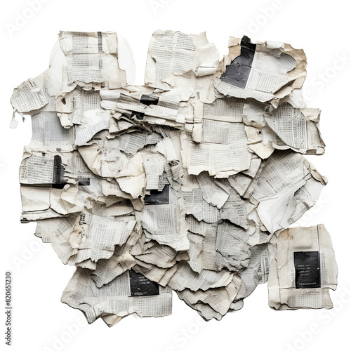 Small pieces of glued torn Newspaper on white background photo