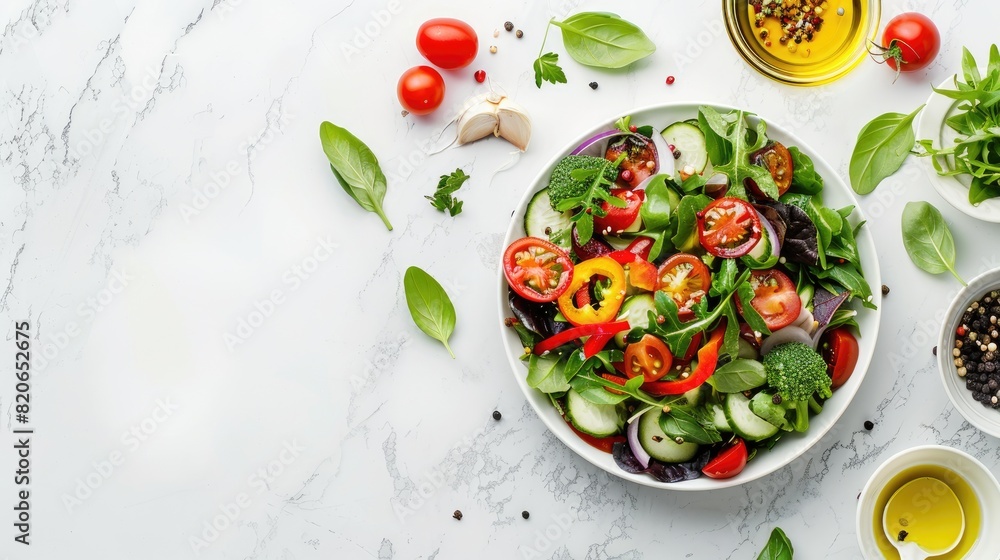A white plate with a salad of vegetables including tomatoes, cucumbers, and peppers. A white plate with a salad of vegetables including tomatoes, cucumbers, and peppers.