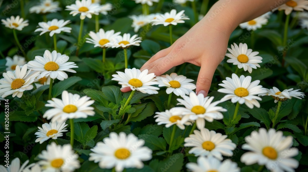 Hand gently touching daisies in a sunlit meadow, connecting with nature on a bright day Hand gently touching daisies in a sunlit meadow, connecting with nature on a bright day