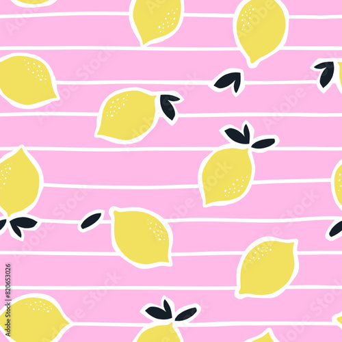 Summer seamless pattern with lemons and leaves. Fruit repeated background. 