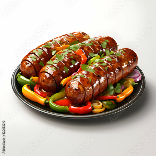 Grilled sausages with vegetables on a plate isolated on white background