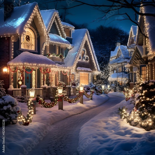 Beautiful Christmas and New Year houses in the village in winter.