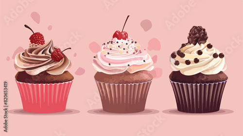 Tasty cupcakes on color background Vector illustration