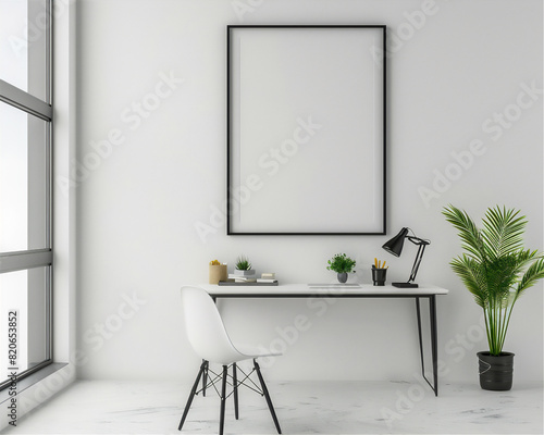 Mock Up Poster Frame on the wall in minimalist interior office room with desk table, luxury interior, 3d interior illustration photo