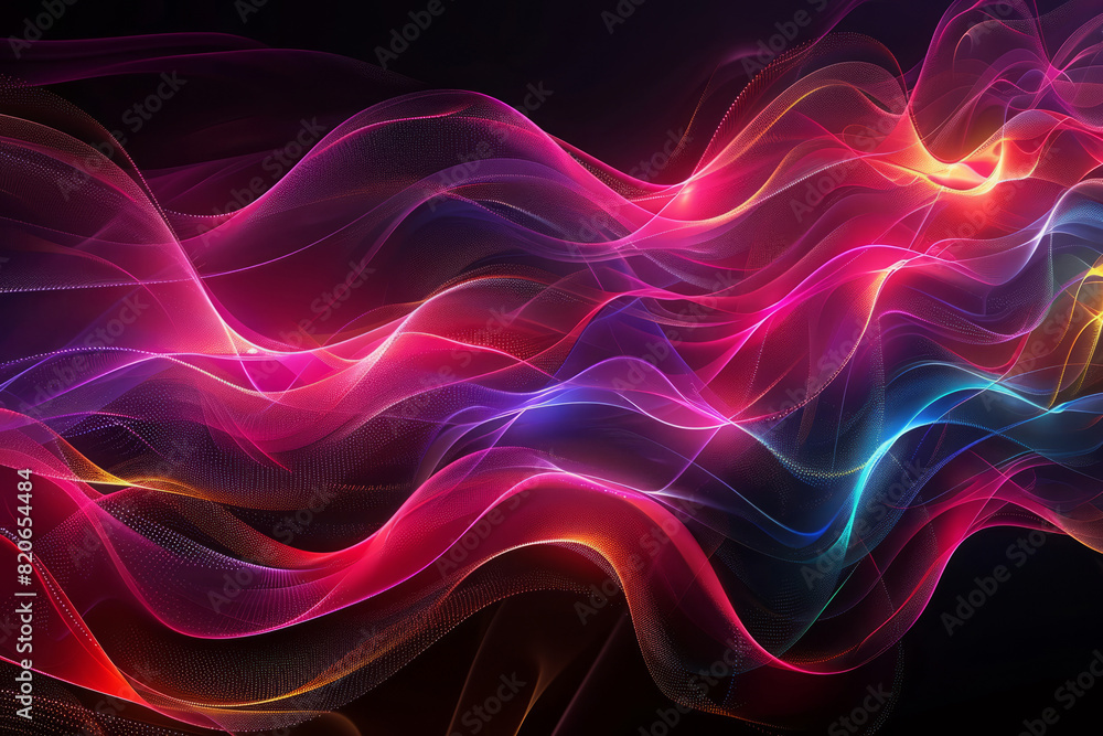 Colorful abstract background with smooth lines and curves that form an otherworldly landscape, glowing neon lights creating dynamic light patterns on a black background Colorful abstract background with smooth lines and curves that form an otherworldly landscape, glowing neon lights creating dynamic light patterns on a black background