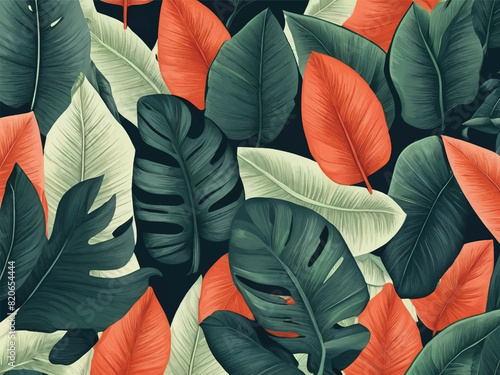 A tropical scene with green and orange leaves. The leaves are large and spread out, creating a lush and vibrant atmosphere 02