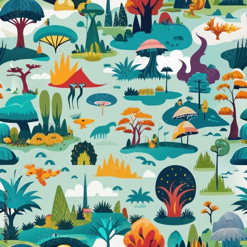 Seamless pattern of whimsical and fantastical brush strokes depicting imaginary landscapes or creatures  Generative AI