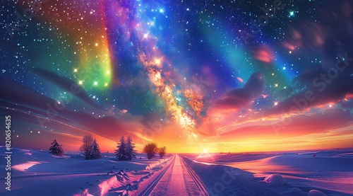 Night, rainbow color and golden sky cross each other, the sky has rainbow color aurora snow scene, magnificent, luminous road, Milky Way, small trees appear, starlight brilliant. Generative AI.
