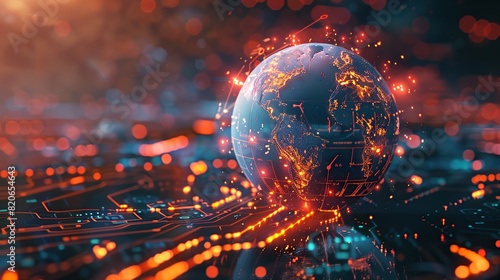 3D rendering Earth with glowing orange data connections, centered on abstract circuit board background. photo