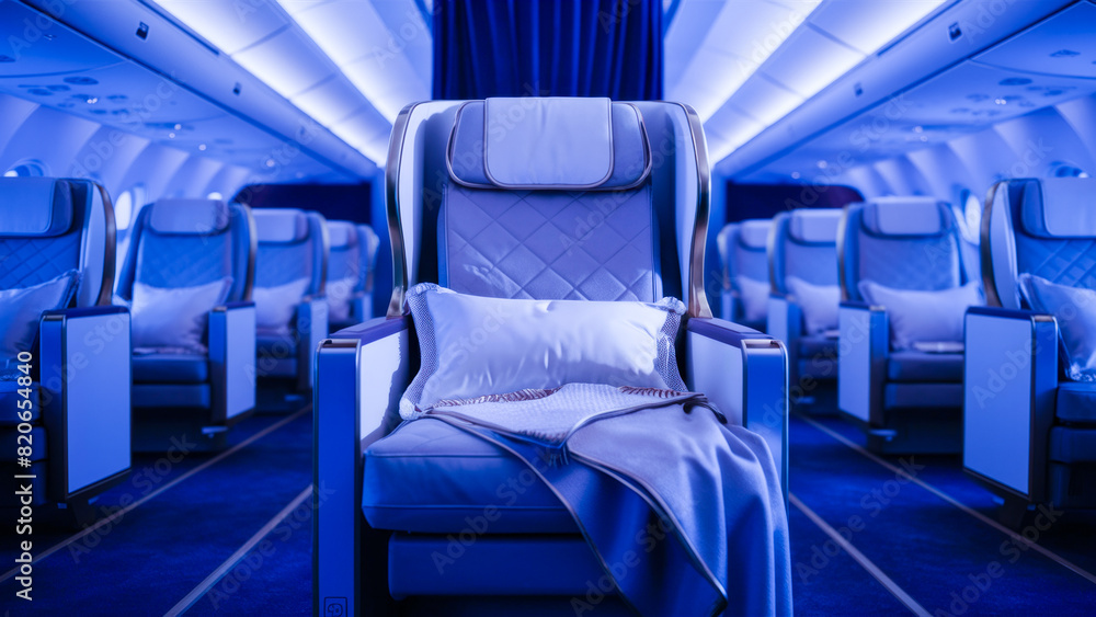 Fototapeta premium Luxurious airline seats with plush pillows and blankets, illuminated by blue lighting, depicting comfort and premium travel.concept of tourism, travel and recreation